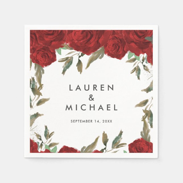 röd ros blommigt napkins av grönt bröllop pappersservett (Framsidan)