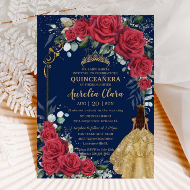 Röd ros Blommigt Navy Blue Quinceañera Inbjudningar (Skapare uppladdad)