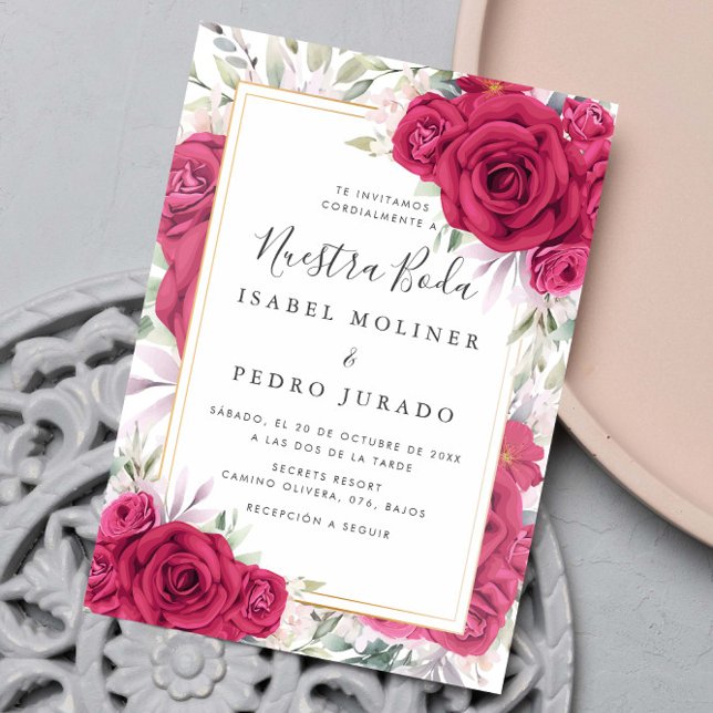 Röd ros Blommigt Nuestra Boda Spanska Bröllop Inbjudningar (Skapare uppladdad)
