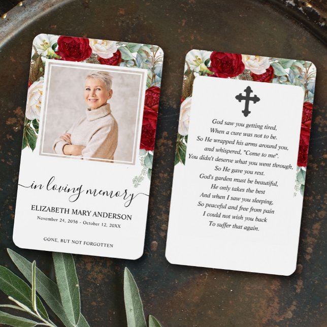 Röd ros Blommigt Photo Sympathy Funeral Prayer Visitkort (Skapare uppladdad)