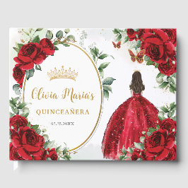 Röd ros Blommigt Princess Dress Guld Quinceanera Gästböcker