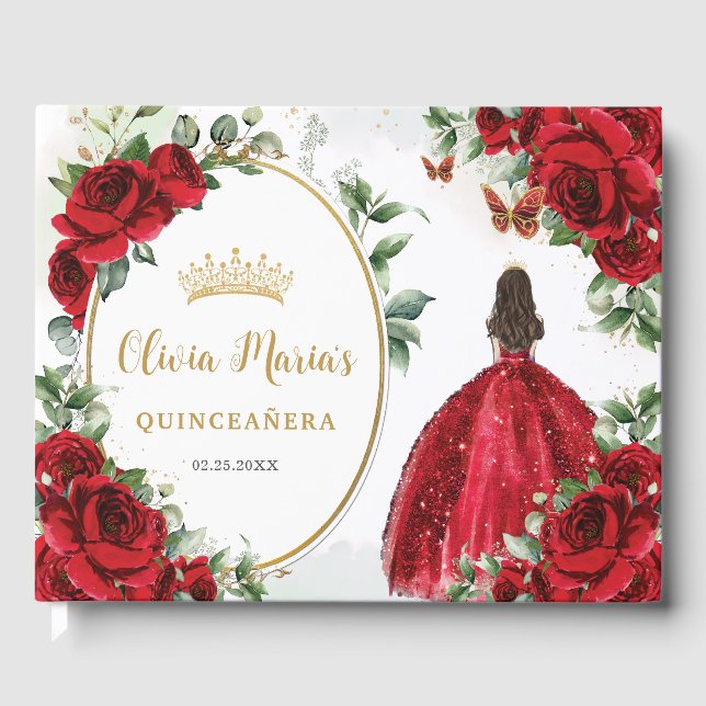Röd ros Blommigt Princess Dress Guld Quinceanera Gästböcker (Framsida)