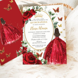 Röd ros Blommigt Princess Dress Guld Quinceañera Inbjudningar