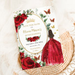 Röd ros Blommigt Princess Dress Guld Quinceañera Spara Datumet<br><div class="desc">Anpassa den här söt röda blommigten Quinceañera/Sweet 16-årsdagen spara datumet enkelt och snabbt. Klicka bara på knappen Anpassa den ytterligare för att redigera texterna, ändra typsnitt och typsnitt färg. Med en flicka klädd i ett vackert glitterött boll, vibrant röd ros, fjärilar och ett guld trimmat ovalutrymme för att lägga alla...</div>