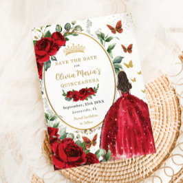 Röd ros Blommigt Princess Dress Guld Quinceañera Spara Datumet