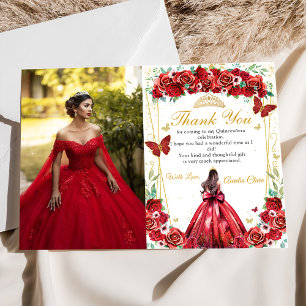 Röd ros Blommigt Princess Quinceañera Photo Tack Kort