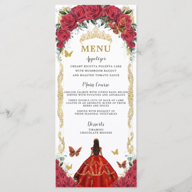 Röd ros Blommigt Quinceañera Brown Princess Menu Program (Framsida)