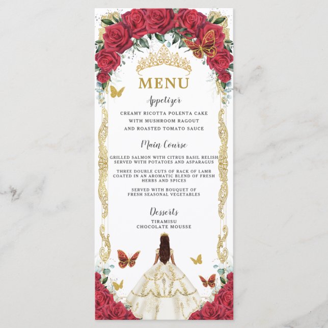 Röd ros Blommigt Quinceañera White Dress Menu Program (Framsida)