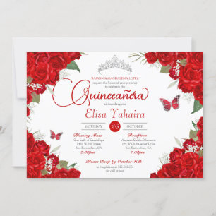 Röd ros Blommigt Silver Tiara Butterfly Quinceaner Inbjudningar