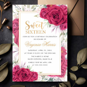 Röd ros Blommigt Sweet sixteen 16 Födelsedag Inbjudningar