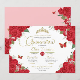 Röd ros Blommigt Tiara Butterfly Quinceanera Inbjudningar