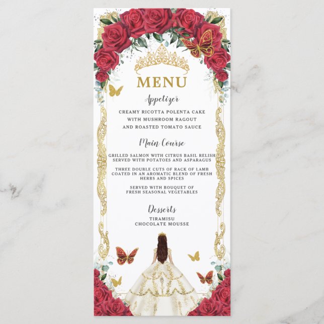 Röd ros Blommigt White Dress Quinceañera XV Menu Program (Framsida)