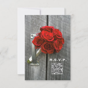 Röd ros Bouquet & Barn Wood Bröllop QR-kod OSA Kort