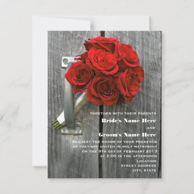 Röd ros Bouquet & Barnwood Bröllop Inbjudningar (Framsida)