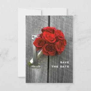 Röd ros Bouquet & Barnwood Bröllop spara datum Datumet