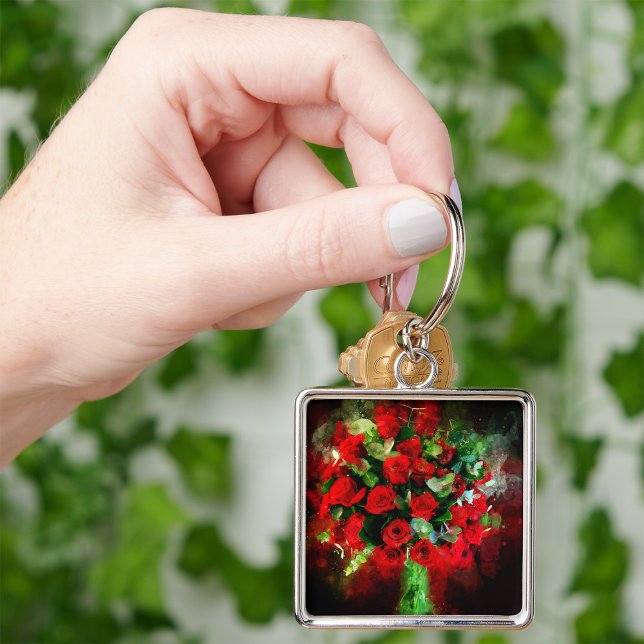 Röd ros Bouquet-blommans vattenfärg - bb Fyrkantig Silverfärgad Nyckelring (Skapare uppladdad)