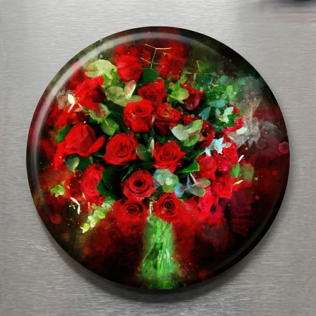 Röd ros Bouquet-blommans vattenfärg - bb Magnet (Red Roses Bouquet Watercolor on Black Background. Magnet)