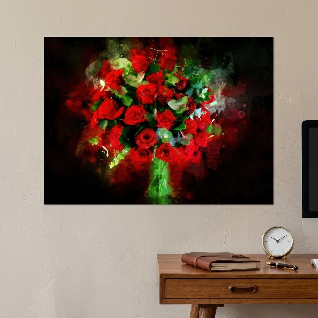Röd ros Bouquet-blommans vattenfärg - bb Poster (Red Roses Bouquet Watercolor on Black Background. Poster)