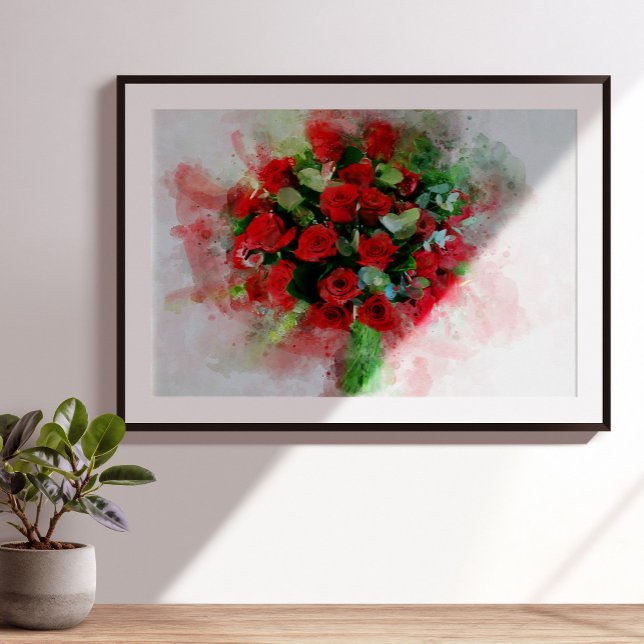Röd ros Bouquet-blommans vattenfärg - wb Fototryck (Skapare uppladdad)