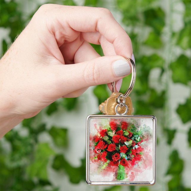 Röd ros Bouquet-blommans vattenfärg - wb Fyrkantig Silverfärgad Nyckelring (Skapare uppladdad)