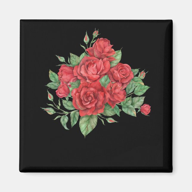 Röd ros Bouquet Blommigt Illustration Magnet (Framsidan)