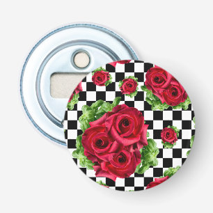 Röd ros Bouquet Blommigt Kärlek Rockabilly Checkat Flasköppnare
