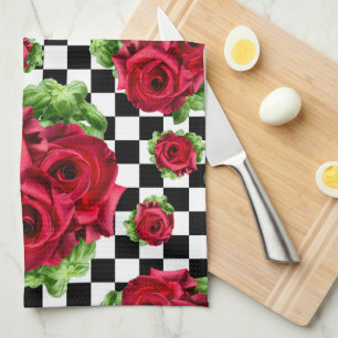 Röd ros Bouquet Blommigt Kärlek Rockabilly Checkat Kökshandduk
