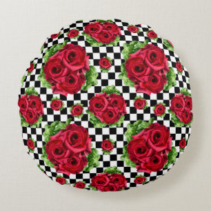 Röd ros Bouquet Blommigt Kärlek Rockabilly Rund Kudde