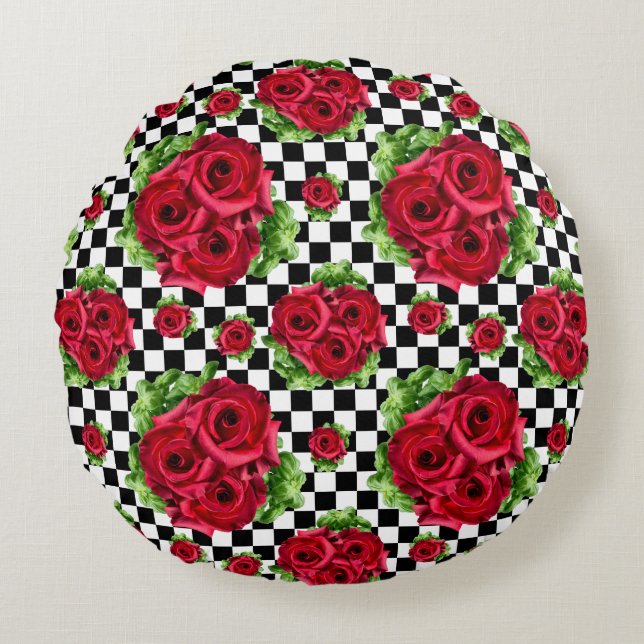Röd ros Bouquet Blommigt Kärlek Rockabilly Rund Kudde (Framsidan)