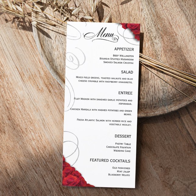Röd ros Bröllop Meny (Red Rose Flourish Wedding Menu for Reception)