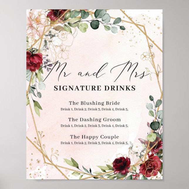Röd ros bröllop mr och mrs namnteckning dryckessky poster (Framsidan)