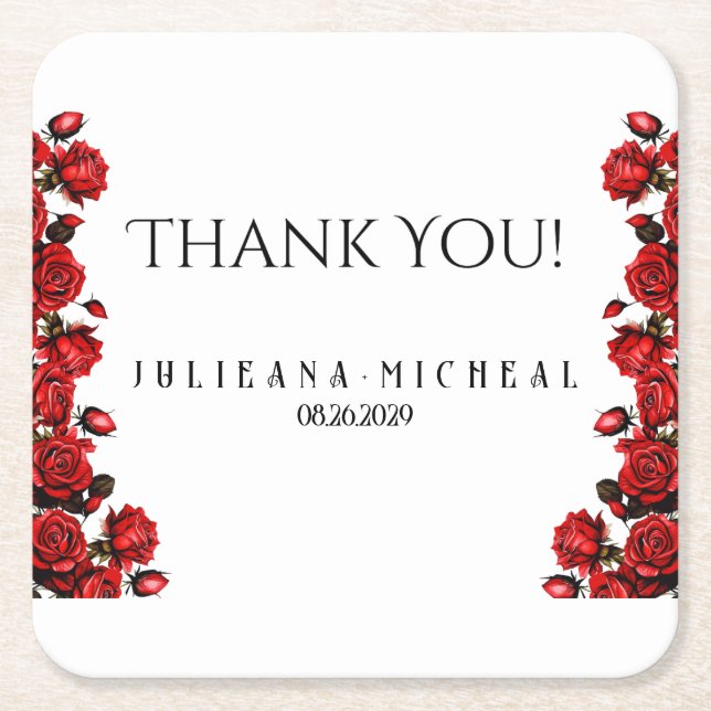 Röd ros bröllop underlägg papper kvadrat (Framsidan)