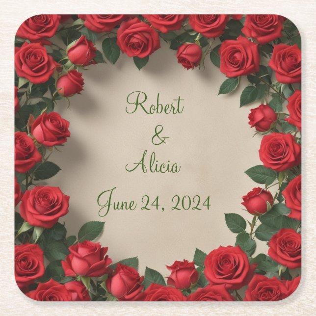 Röd ros Bröllop Underlägg Papper Kvadrat (Framsidan)