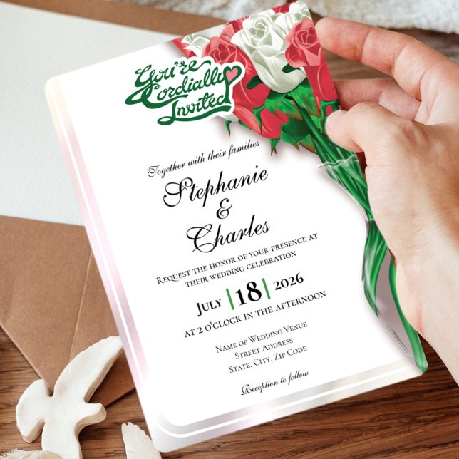 Röd Ros Bröllopsinbjudan - Grön Rubrik #2 Inbjudningar (Red and White roses in vase wedding invite design with green heading)