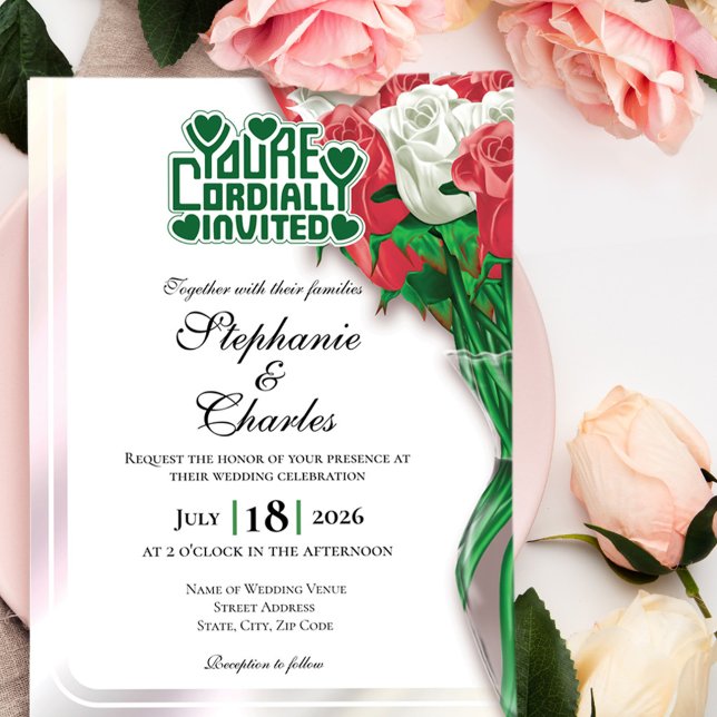 Röd Ros Bröllopsinbjudan - Grön Rubrik #3 Inbjudningar (Red and White roses in vase wedding invite design with green heading)