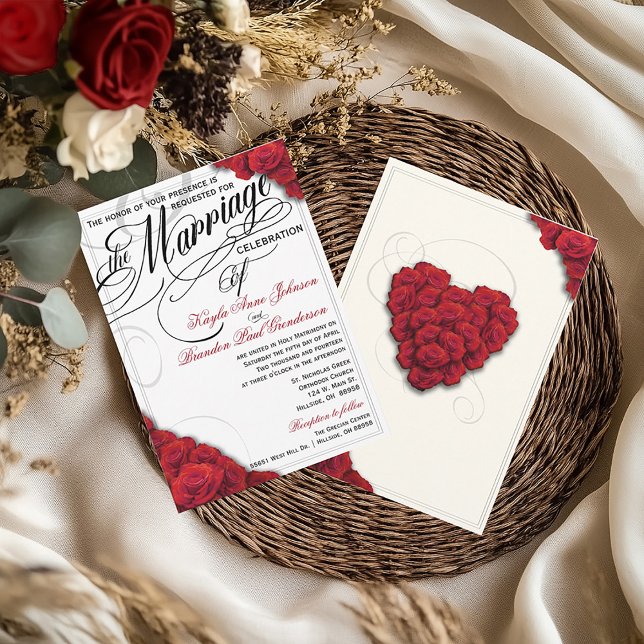 Röd ros bröllopsinbjudan, utbytbar bakgrund inbjudningar (Elegant Red Rose Script Wedding Invitation)