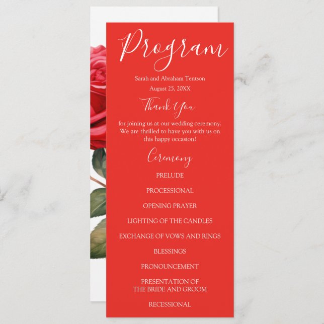 Röd ros Bröllopsprogrammen Meny (Fram/baksida)