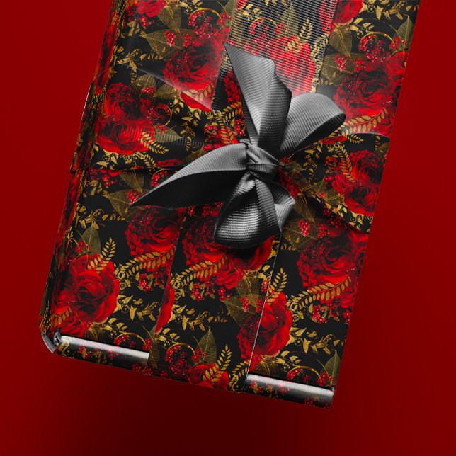 Röd ros Bunch Foil Blommigt Glitter Guld Black VIP Presentpapper (Red Roses Bunch Foil Floral Glitter Gold Black VIP Wrapping Paper)