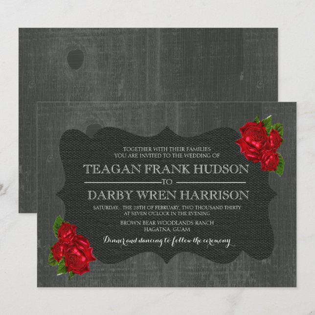 Röd ros Burlap Wood Gothic Bröllopsinbjudans Inbjudningar (Fram/baksida)