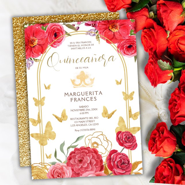 Röd ros & Butterflies Guld Glitter Quinceañera Inbjudningar (Skapare uppladdad)