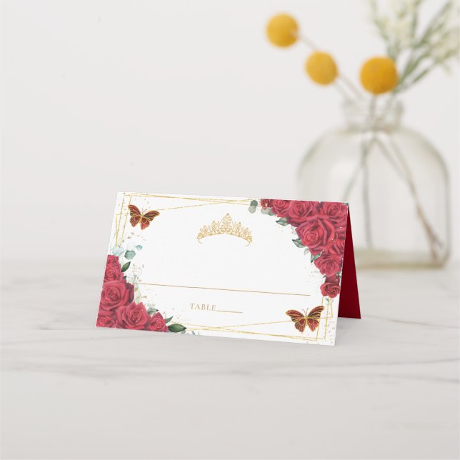 Röd ros Butterfly Quinceañera Sweet 16 Birthday Placeringskort (Framsida)