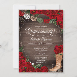 Röd ros Charra Rustic Cowgirl Boots Quinceañera Inbjudningar