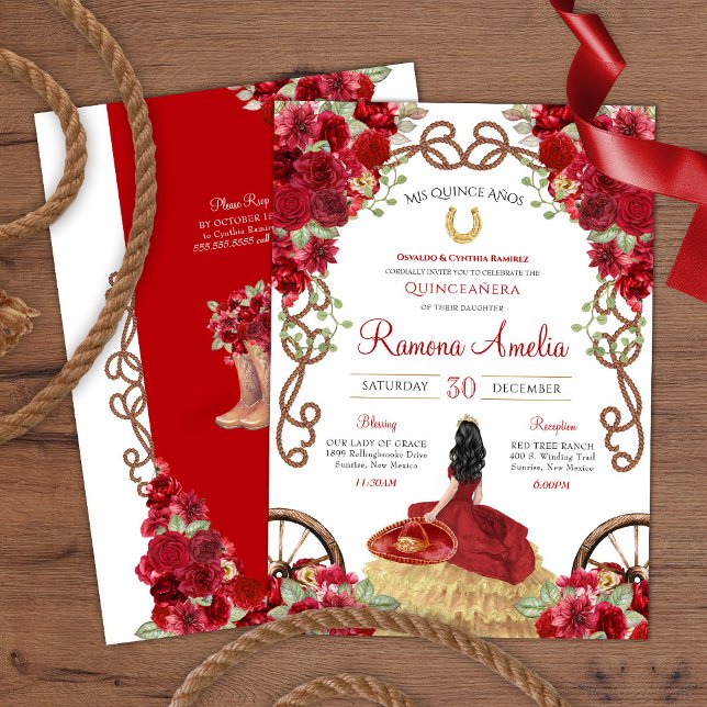 Röd ros Charra Western Quinceañera Inbjudningar (Skapare uppladdad)