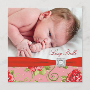 Röd Ros Chintz Rosa Ros Baby Flicka Foto Födelse Meddelande