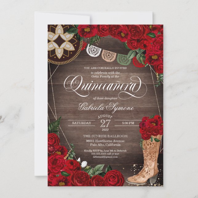 Röd ros Cowgirl Boots Western Charro Quinceañera Inbjudningar (Framsida)