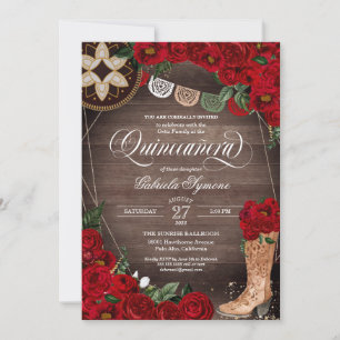 Röd ros Cowgirl Boots Western Charro Quinceañera Inbjudningar