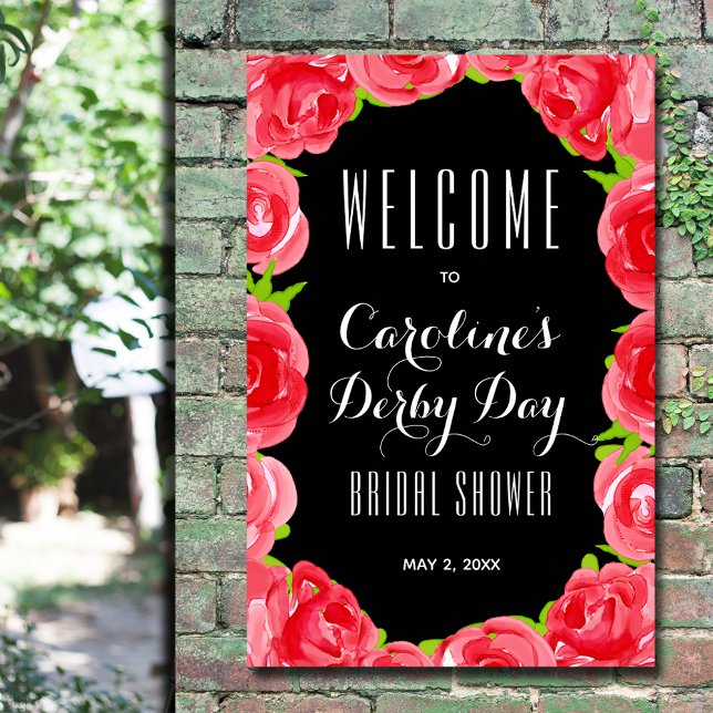 Röd ros Derby Stil Möhippa Välkommen Poster (Red roses Derby-style bridal shower welcome poster - INSTANT DOWNLOAD and/or PRINTED)