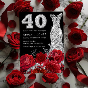 Röd ros Diamond Dress Black 40:e födelsedagen Inbjudningar