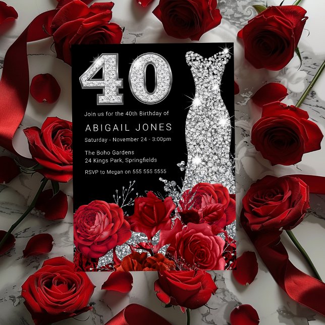 Röd ros Diamond Dress Black 40:e födelsedagen Inbjudningar (Skapare uppladdad)