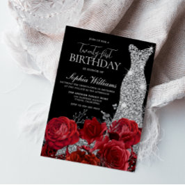 Röd ros Diamond Gown Black 21:a födelsedagen Party Inbjudningar
